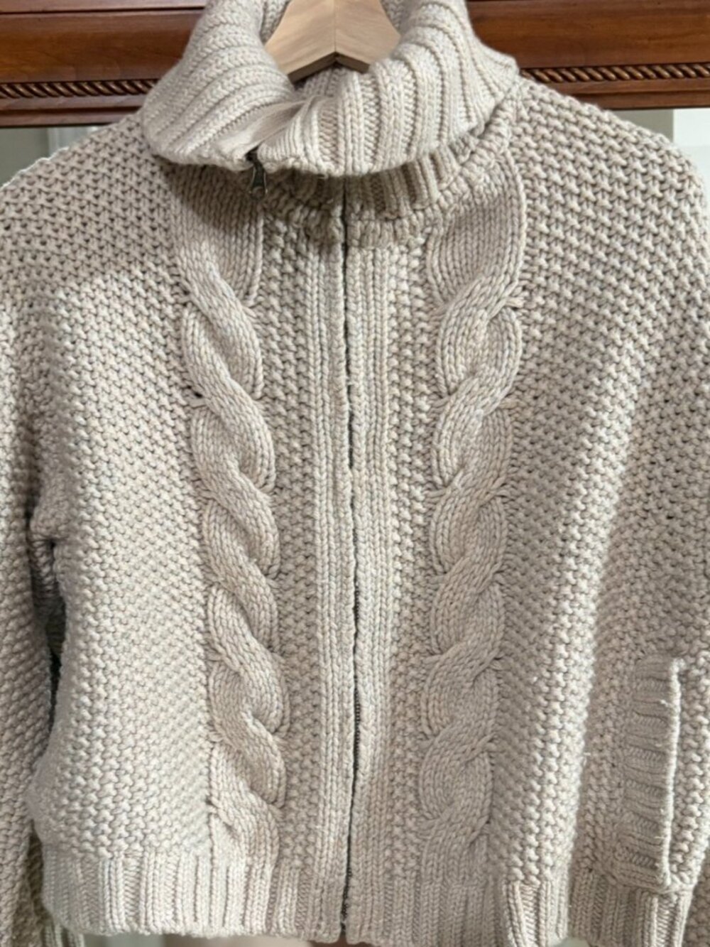 Boden Cream Chunky Cable Knit Zip Cardigan Sweater Jacket Oversized Collar